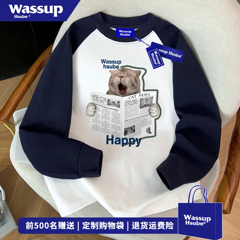 WASSUP HSUBE美式趣味猫咪印花插肩上衣男秋季街头风纯棉长袖T恤