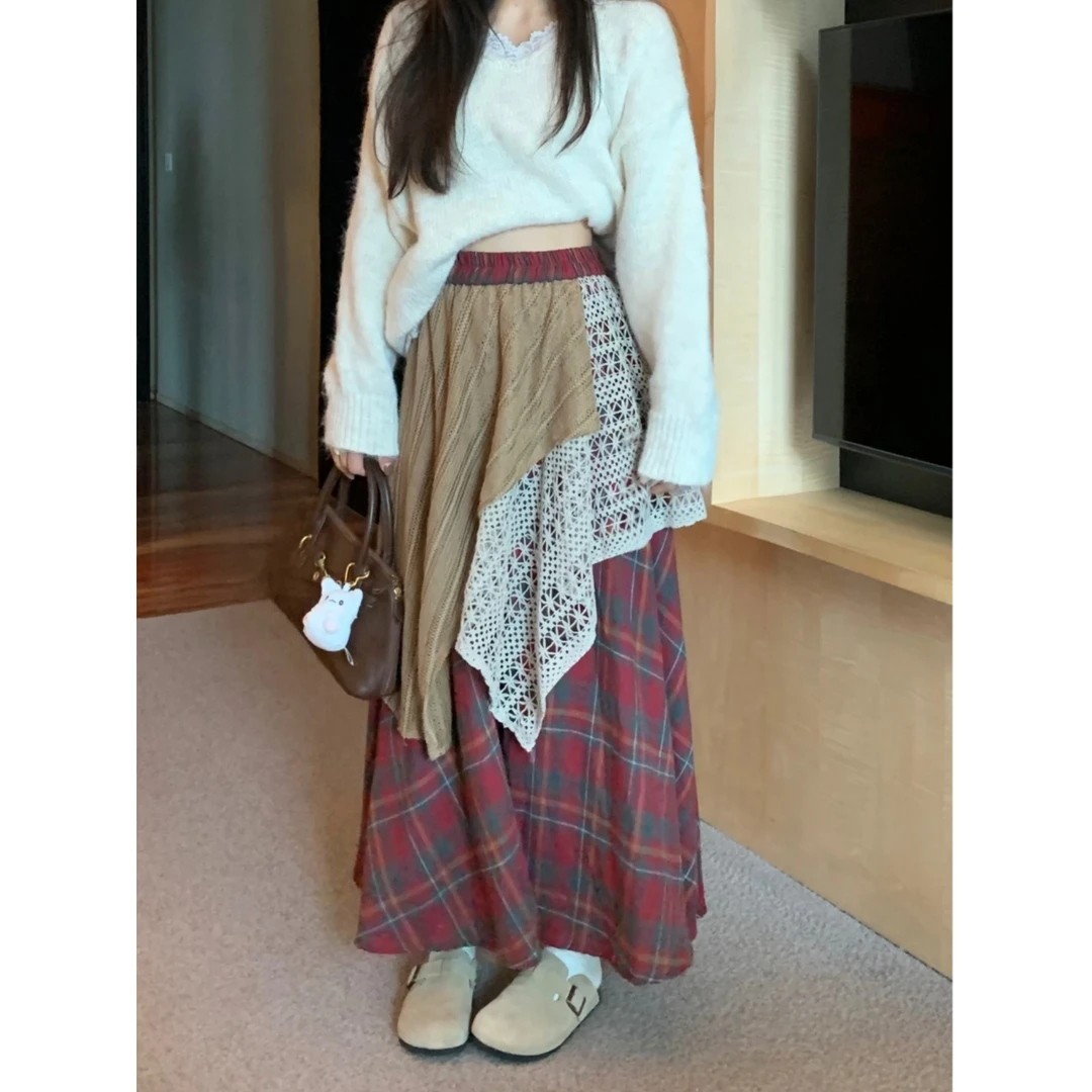 镂空蕾丝拼接格子高腰半身裙女秋季2024新款垂感不规则显瘦长裙子
