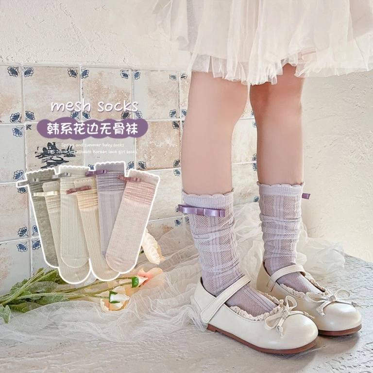 女童袜子夏季超薄网眼小腿袜韩系ins风蝴蝶结女宝宝堆堆袜中筒袜
