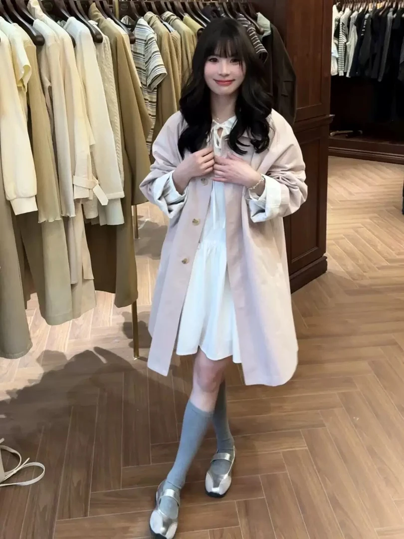 【张开心】樱花轻语～WHMT洋气蕾丝袖口拼接翻领中长款风衣两件套