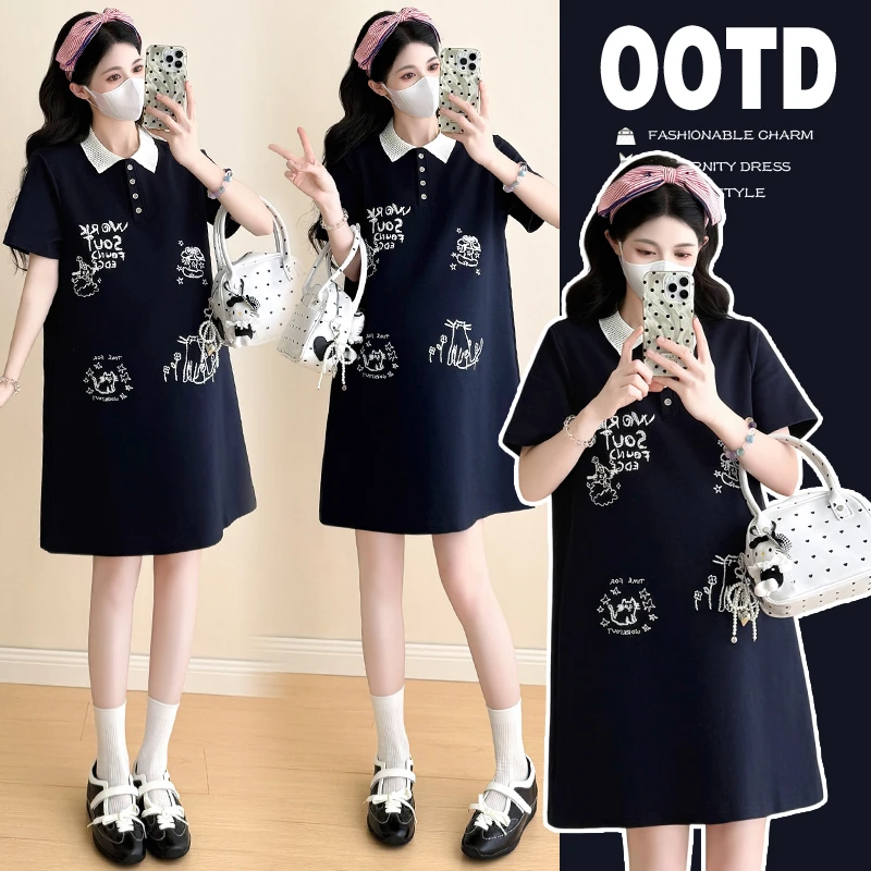 时尚孕妇2025夏季新款潮妈刺绣时尚休闲卡通短袖孕妇连衣裙