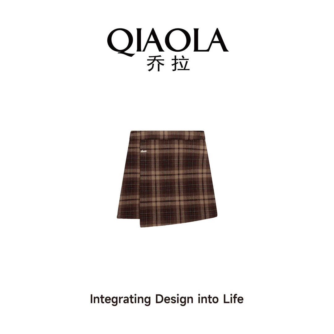 QIAOLA/乔拉【温柔絮语】秋季坑条针织方领毛呢格纹A版轻奢半裙