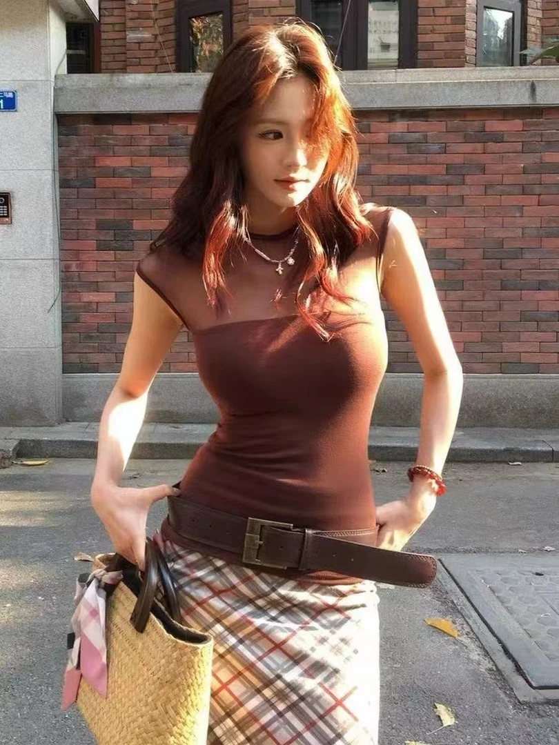 夏季新款性感辣妹微透网纱拼接带胸垫修身显瘦百搭上衣T恤女1040