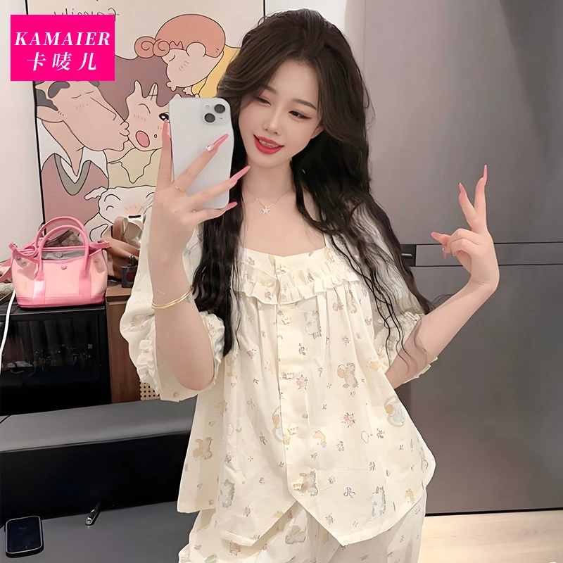 （碎花狗）睡衣女夏季可爱显瘦中袖睡衣家居服韩版可外穿纯棉睡裙女
