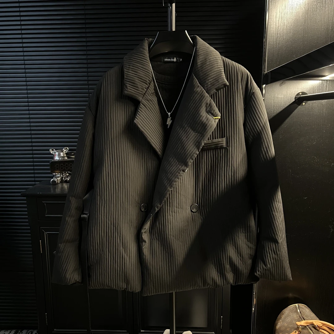 dan-男款冬季加厚加棉保暖高街潮牌斜襟搭扣宽松褶皱外套