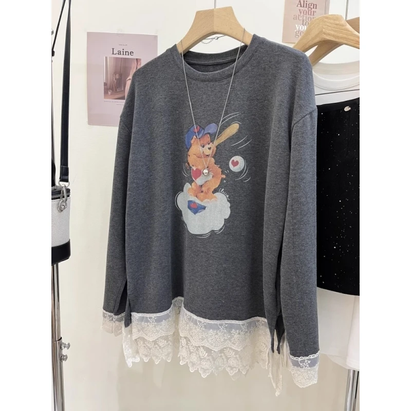 雪千羽大码胖MM双层蕾丝花边卡通小熊磨毛加厚遮臀打底T恤上衣女