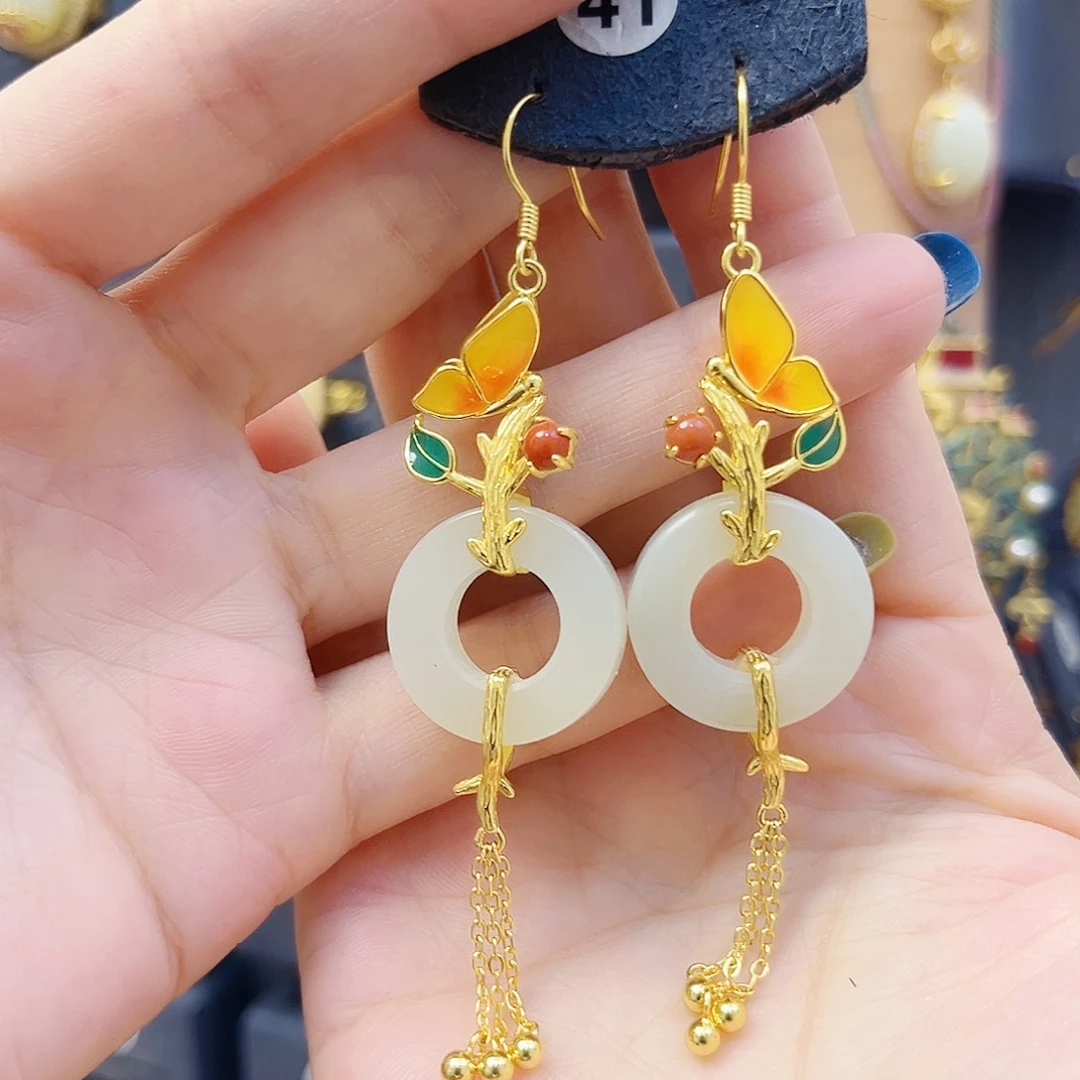 和田玉银S925镀金镶嵌耳饰