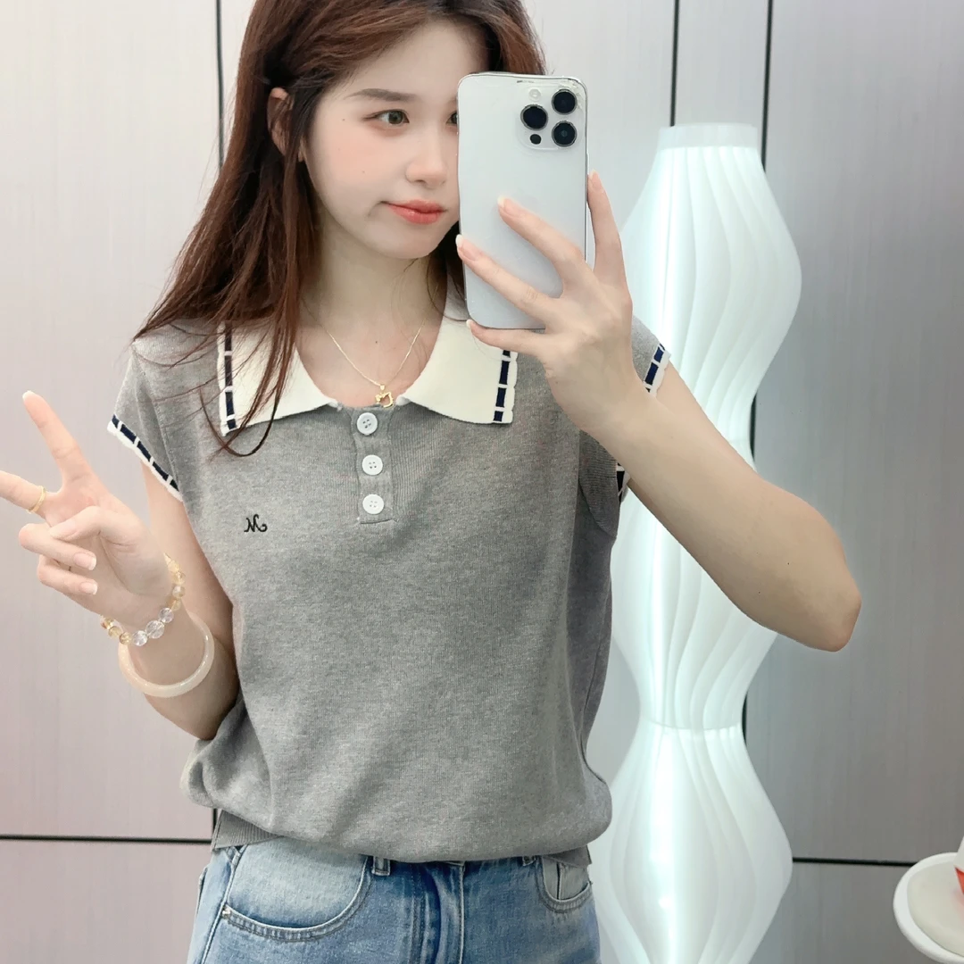 Polo领冰丝针织短袖女2025新款夏季设计感小飞袖独特漂亮针织上衣