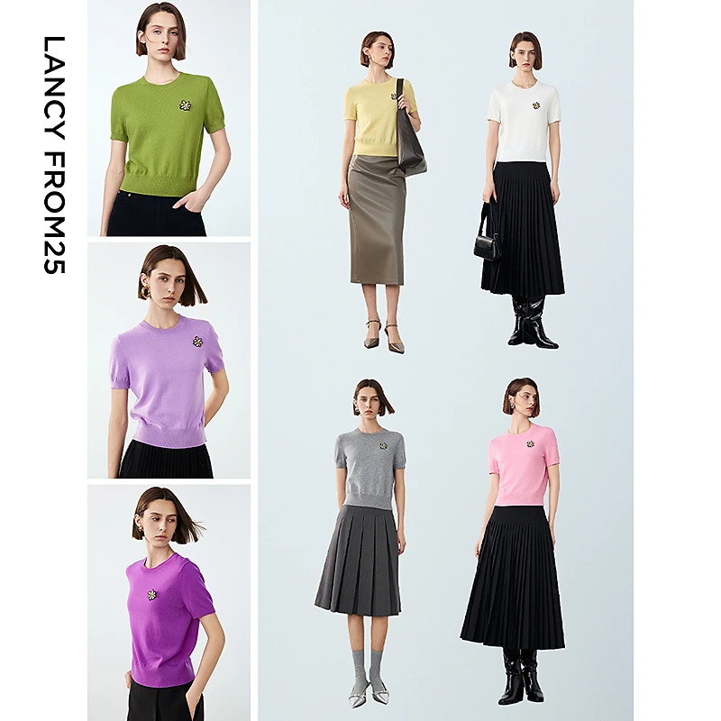 【粉丝专享】朗姿纯羊毛气质法式毛针织衫上衣高级感短袖羊毛衫新款