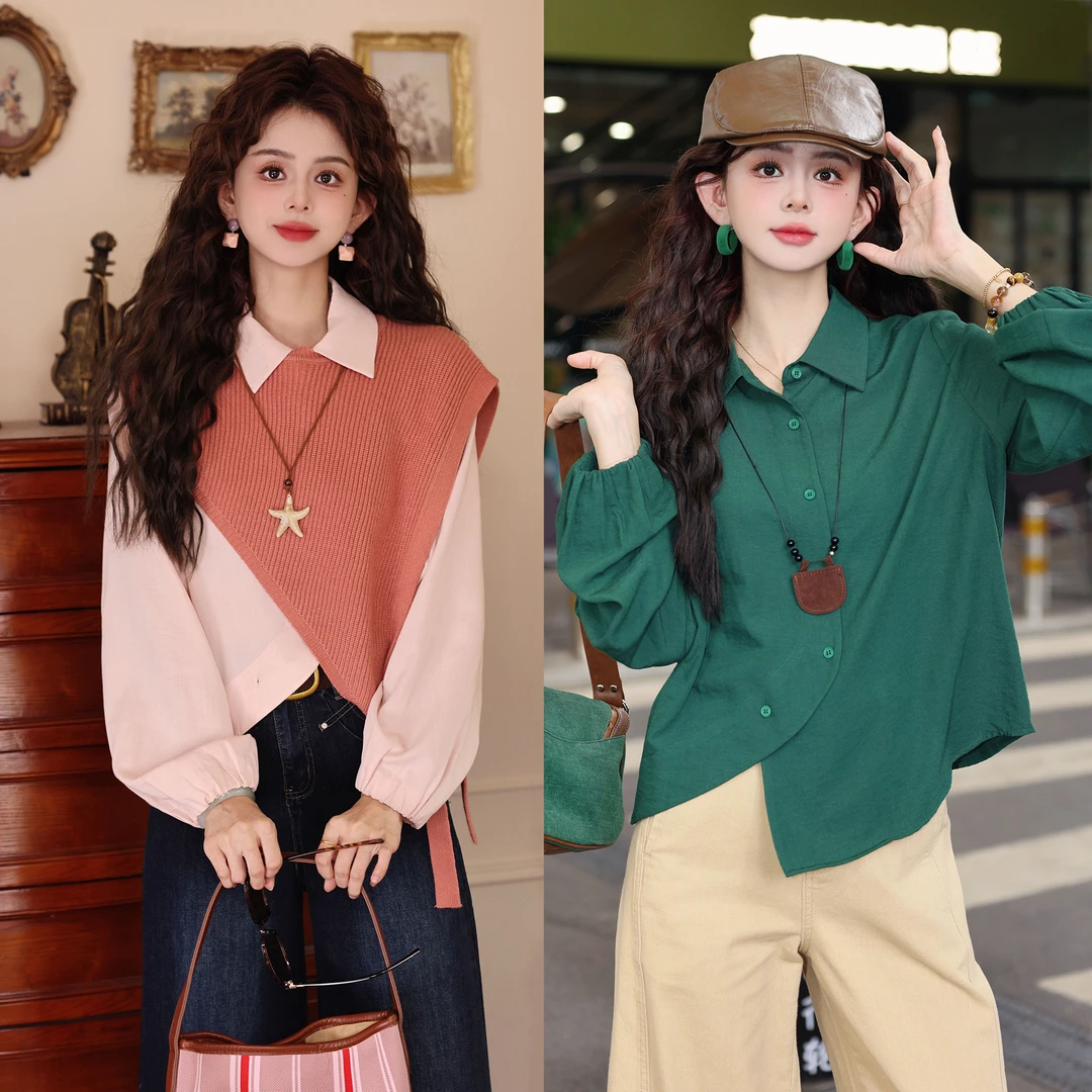 陈大器【林间落雪】港风复古马甲+长袖百搭宽松衬衫两件套JS1116209