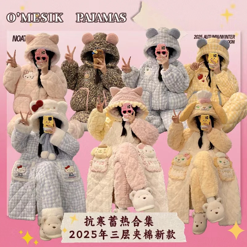 Q【2号链接】2025冬季三层夹棉女士加绒加厚爆款卡通睡衣家居服套装