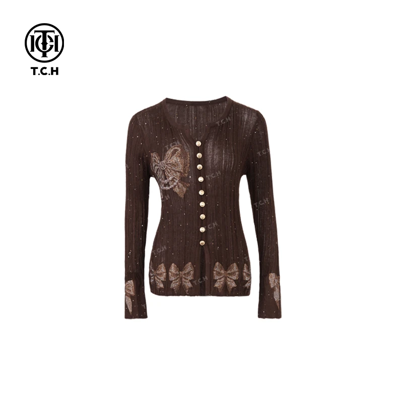 私服-TCH潮排扣咖色洋气休闲长袖针织衫T72C09E5241