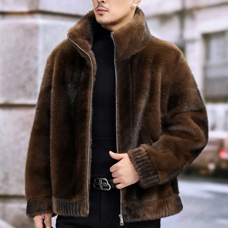 海宁新款双面绒男夹克时尚休闲男士貂绒立领大衣修身百搭大码冬季