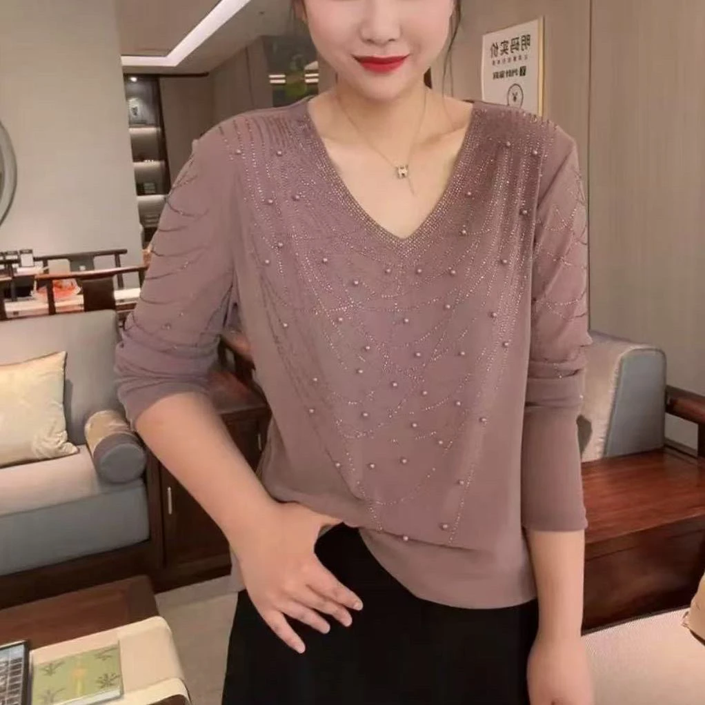 大码女装时尚长袖秋季百搭V领速干烫钻女极简风蕾丝T恤针织
