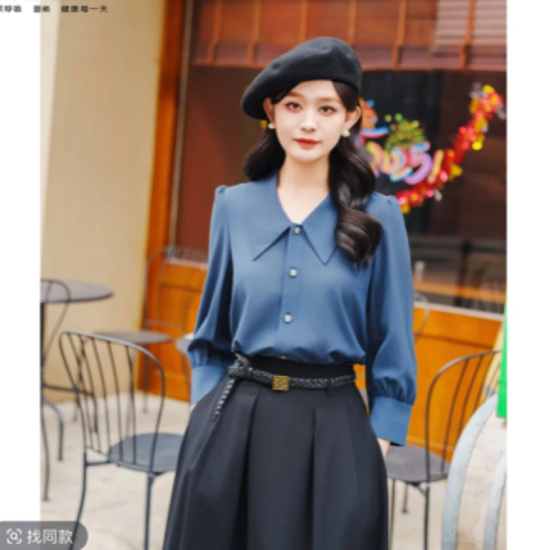 哥弟2025春新款气质显瘦简约尖领质感色丁七分袖衬衫 1300920女款