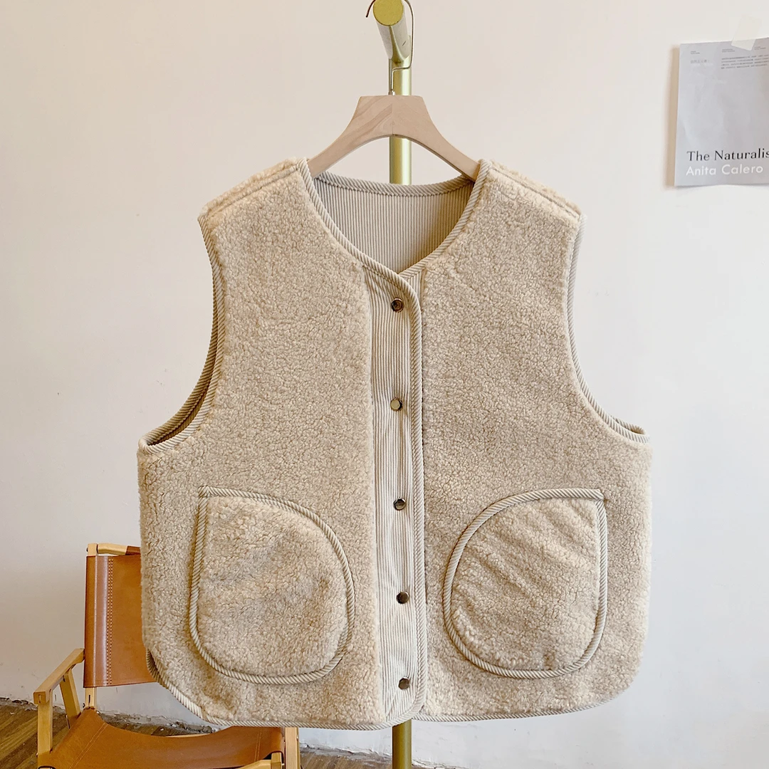 小暖炉Y3257圆领灯芯绒拼接毛绒马甲