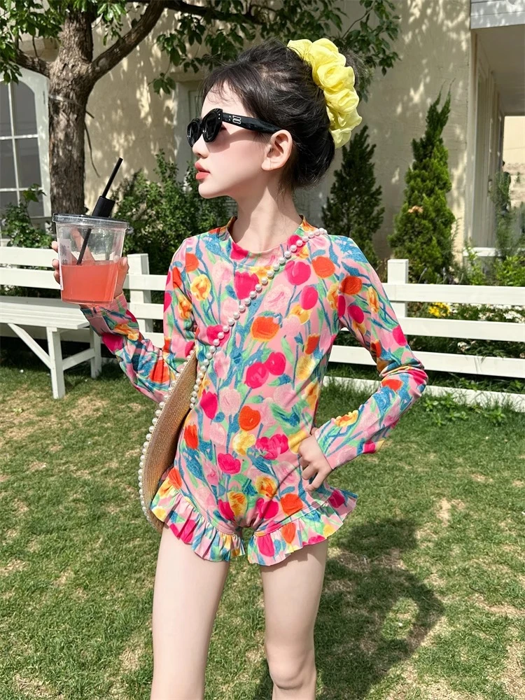 碎花连体游泳衣2025新款中大童女孩夏季洋气度假风长袖防晒泳装