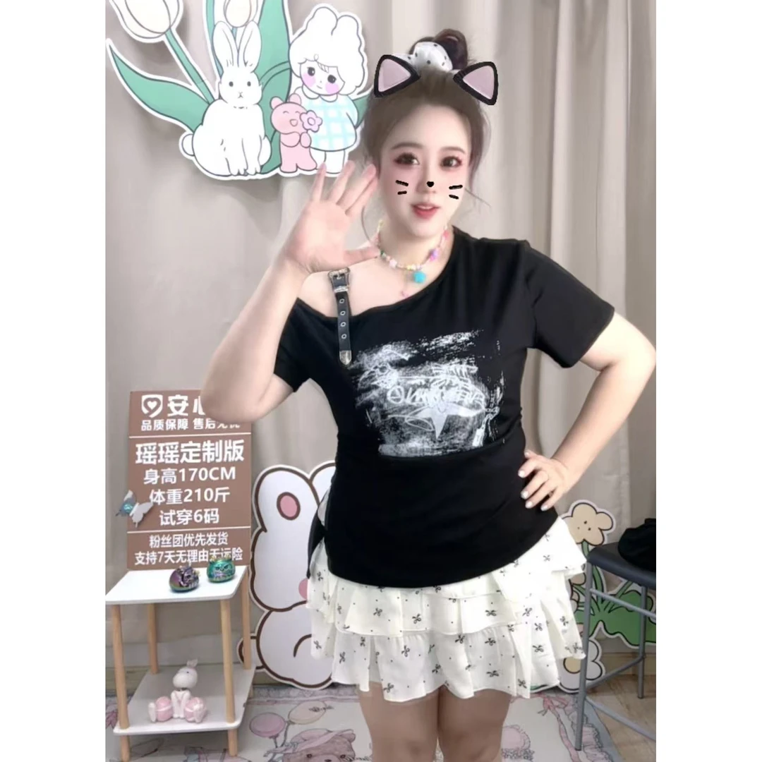 【胖瑶儿推荐】夏季新款斜肩显瘦美式复古半袖029