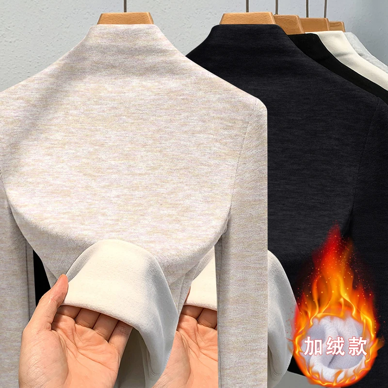 2025加绒秋冬款半高领时髦设计感长袖T恤ins洋气修身加厚女士T恤