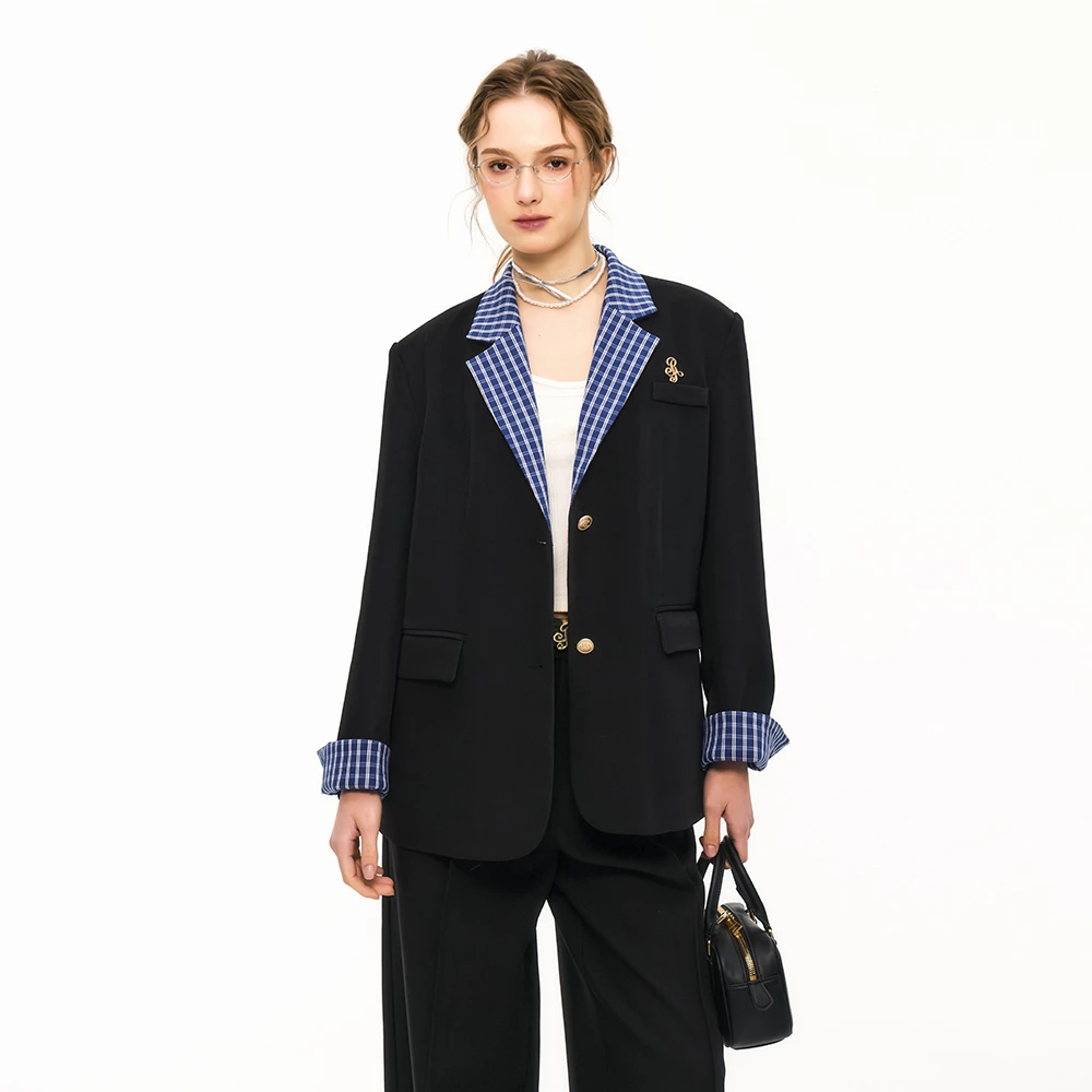 ikyou高级感格子拼接西装外套女春秋季新款气质百搭宽松西服上衣