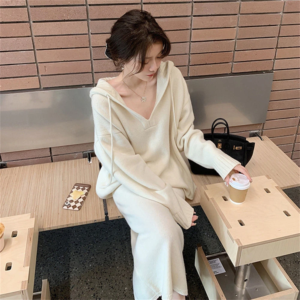 慵懒风休闲连帽套头毛衣女套装裙女秋冬新款宽松针织半身裙两件套