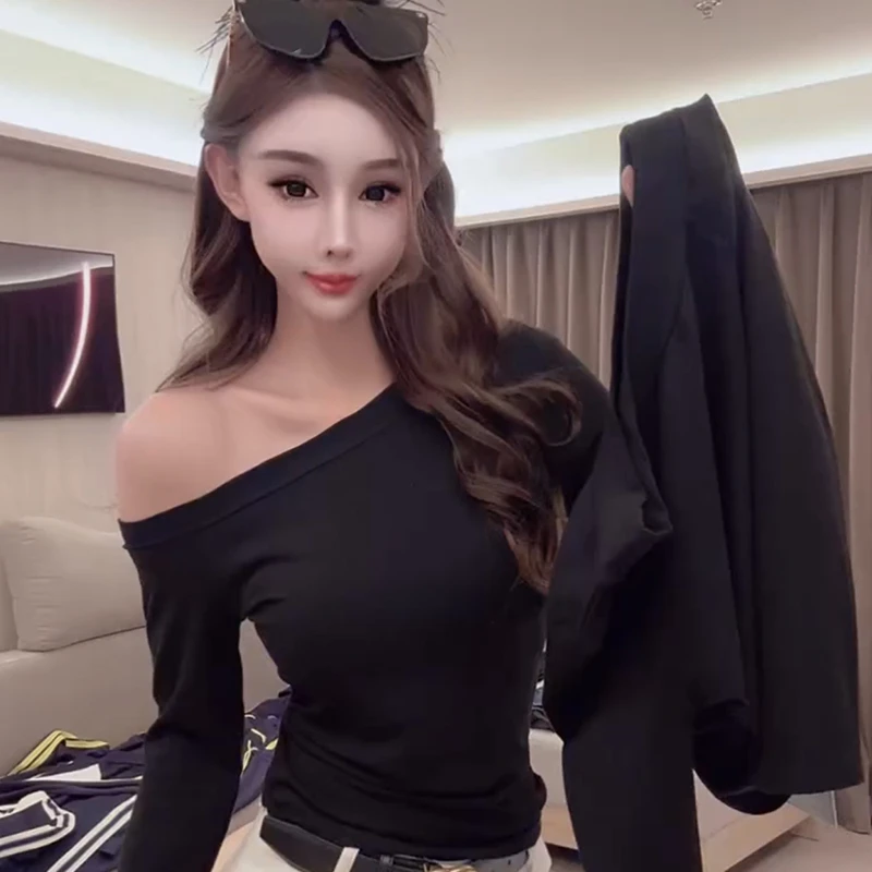 欧货高端斜肩长袖打底衫2025早秋新款修身显瘦设计感时尚辣妹上衣