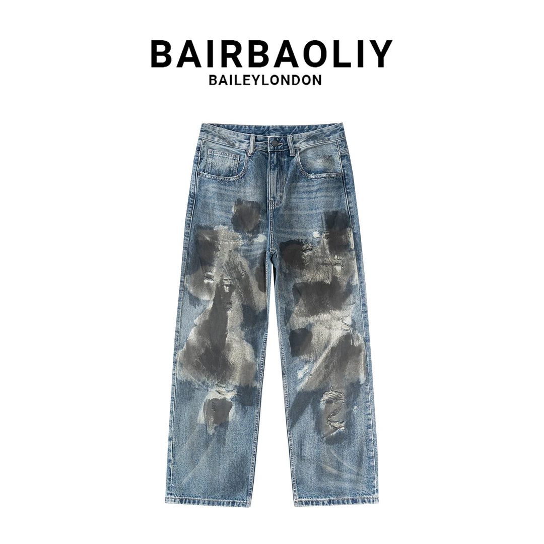 BAIRBAOLIY重工破洞做旧脏脏牛仔裤男款日系街拍废土风直筒长裤