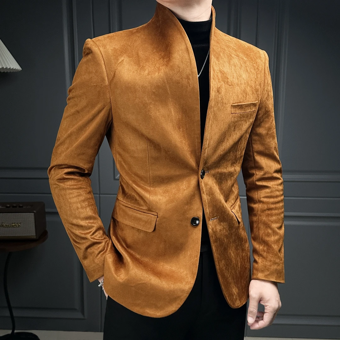 无领绅士男士西装秋冬休闲痞帅鹿皮绒休闲西服外套男爆款2025新款