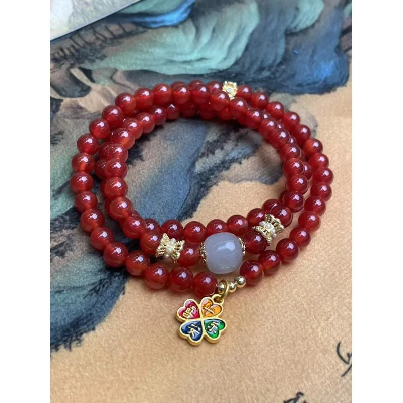 DM-1107-南红玛瑙6mm双圈+四叶草配饰（多样性发其一）