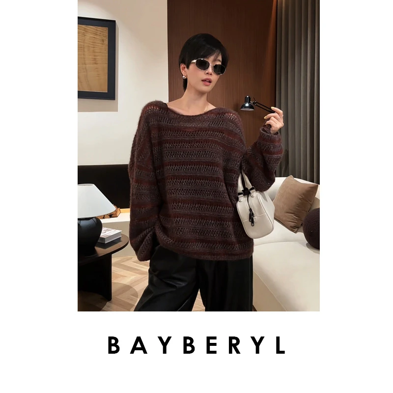 BAYBERYL老贝挑孔镂空丝羊绒拼色柔软秋圆领针织衫9ZZS5I0141-9/4