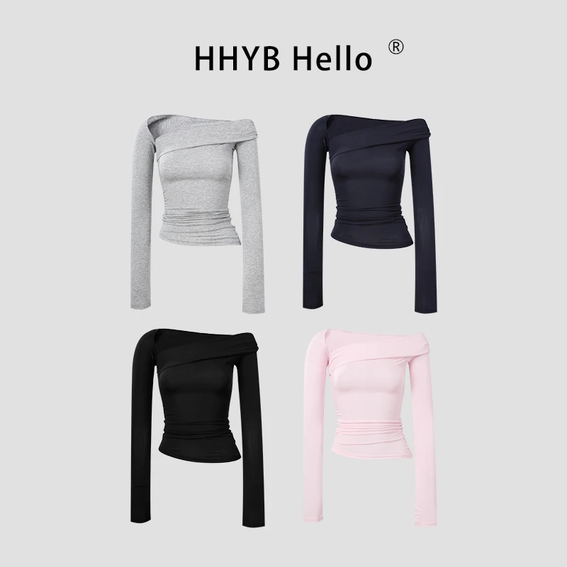 HHYB Hello不规则斜肩长袖T恤女2025秋新款显瘦辣妹上衣250701
