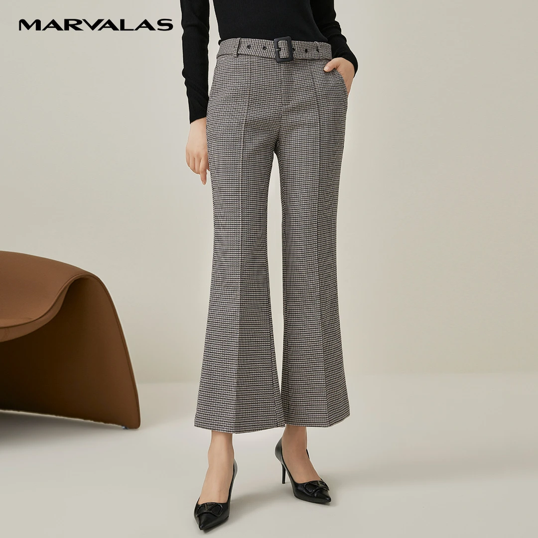 【羊羊专属】曼德诗千鸟格长裤喇叭裤高腰显瘦西装裤修身直筒裤