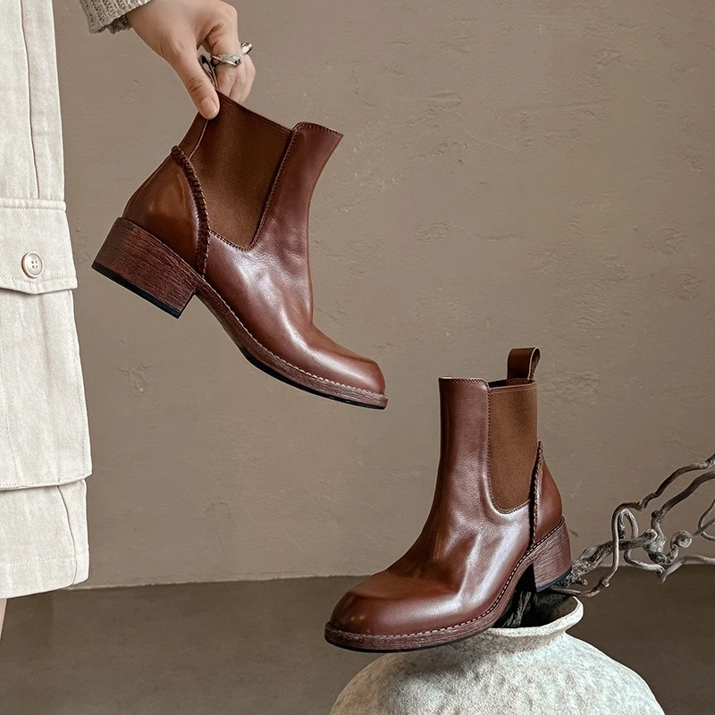 秋冬女靴切尔西靴真皮学院风舒适侧拉链粗跟靴秋冬单靴