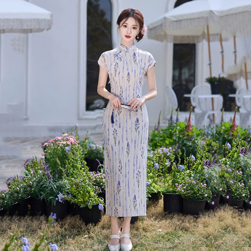 条纹新中式民国风长款改良旗袍2025新款年轻款女复古修身短袖夏季