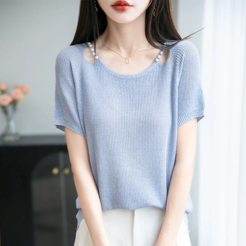 正品哥弟新款2025夏季宽松薄款时尚气质显瘦纯色设计感针织衫爆款