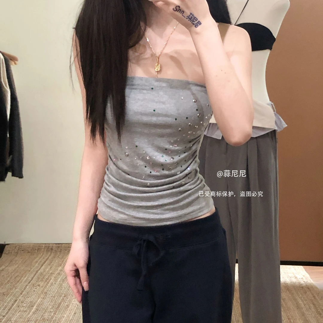 防滑胶条镶钻吊带上衣重工内搭抹胸背心辣妹短款外穿通勤上衣9687