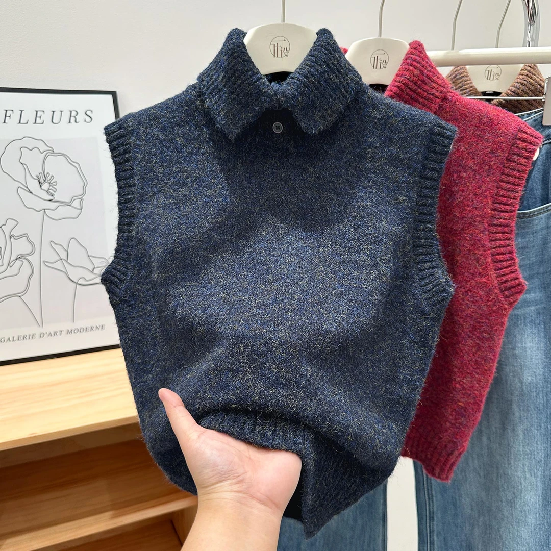 2025冬季新款保暖针织无袖宽松背心T恤日常百搭坑条设计毛针织衫