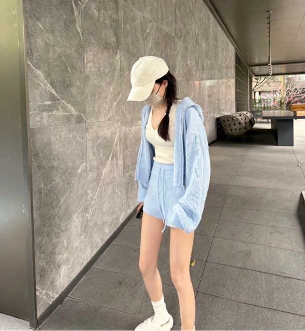 【alooo】 华夫格连帽全拉链上衣带帽套装短裤潮流健身休闲羊绒套装