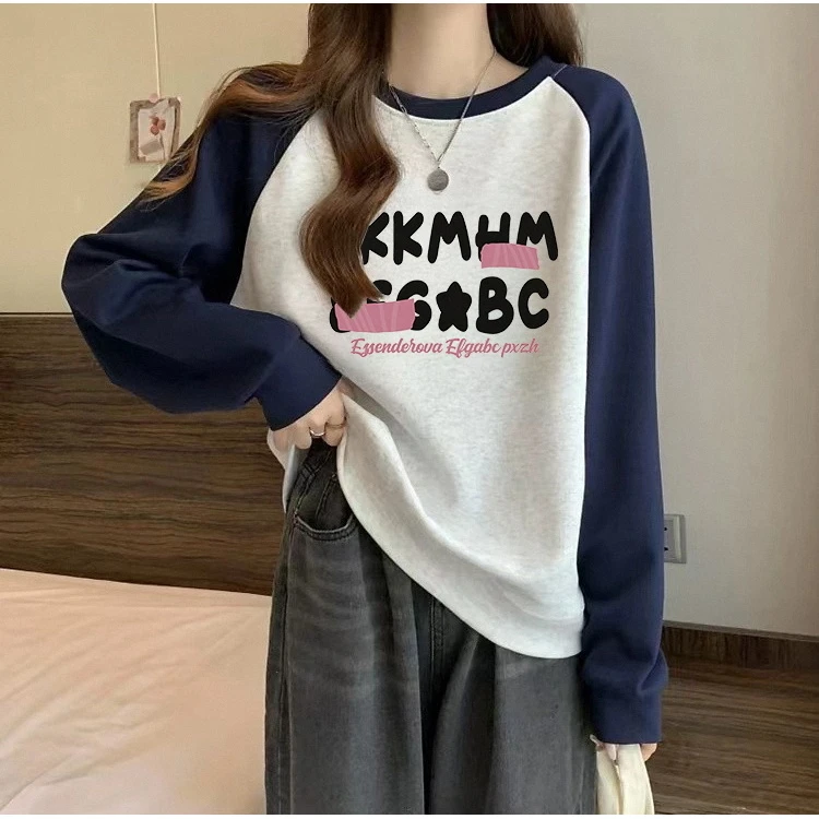 韩版女大童拼接卫衣秋冬薄款12少女15初中高中学生宽松打底衫上衣