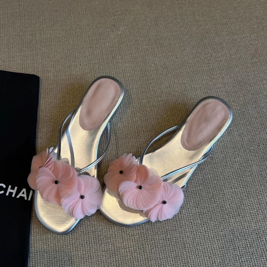 仙女风~花朵一字拖鞋2025春夏新款外穿沙滩海边一脚蹬懒人凉拖鞋