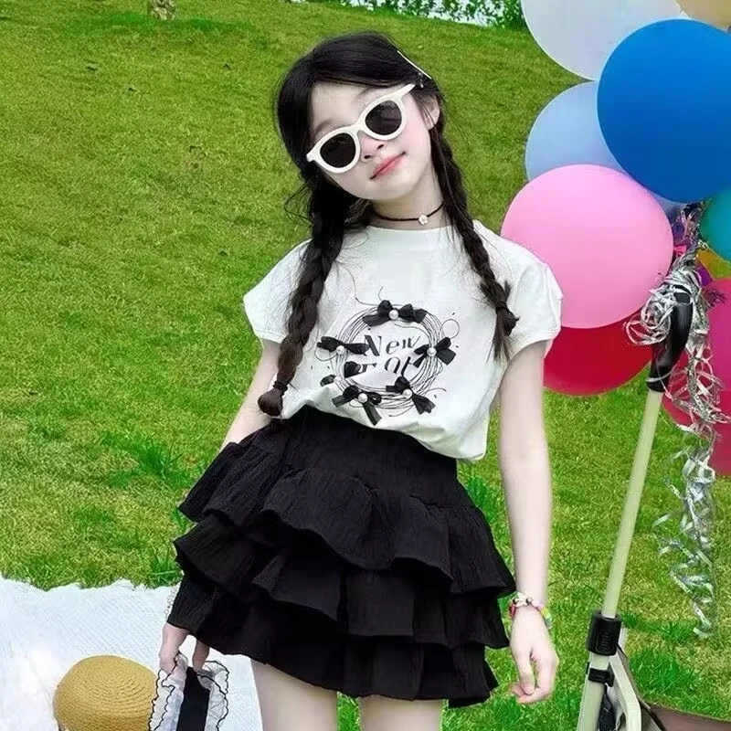 女童夏套装2025新款大童女孩夏季时尚洋气短裙套装儿童夏装蛋糕裙