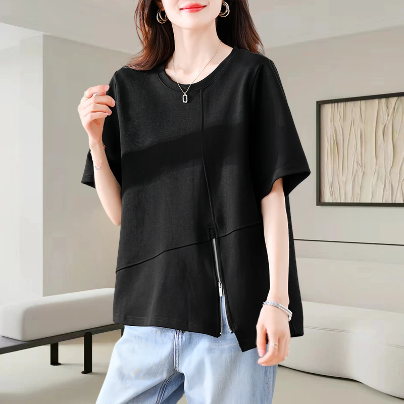 宽松遮肚不规则上衣2025夏季大码女装胖mm设计感拉链开叉短袖T恤
