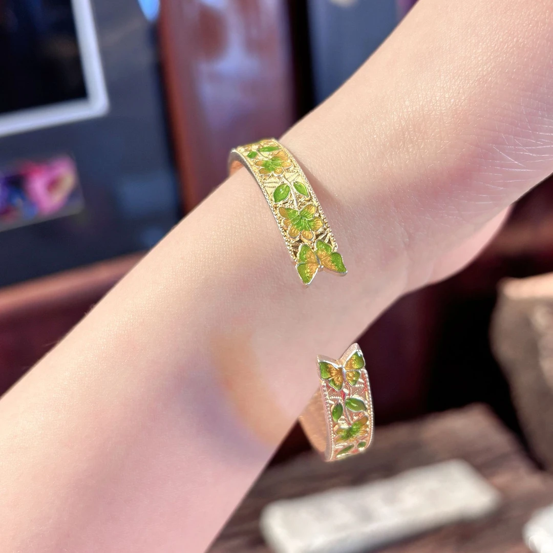 足银手镯 【珐琅灵蝶手镯】潘仕学手工银饰999足银手镯