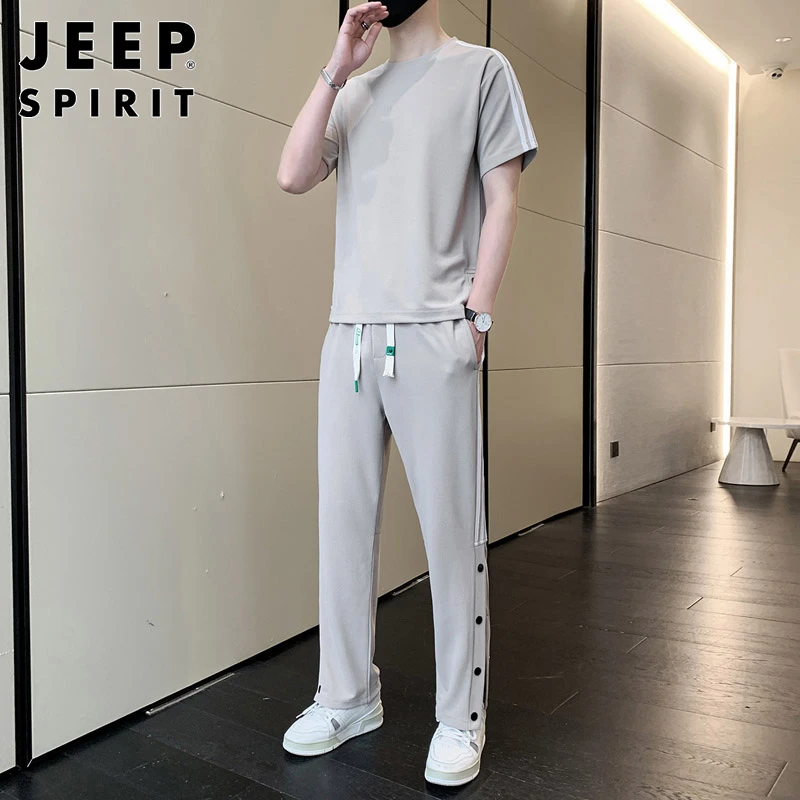 JEEPSPIRIT休闲运动套装男士夏季冰丝百搭短袖t恤长裤子两件套