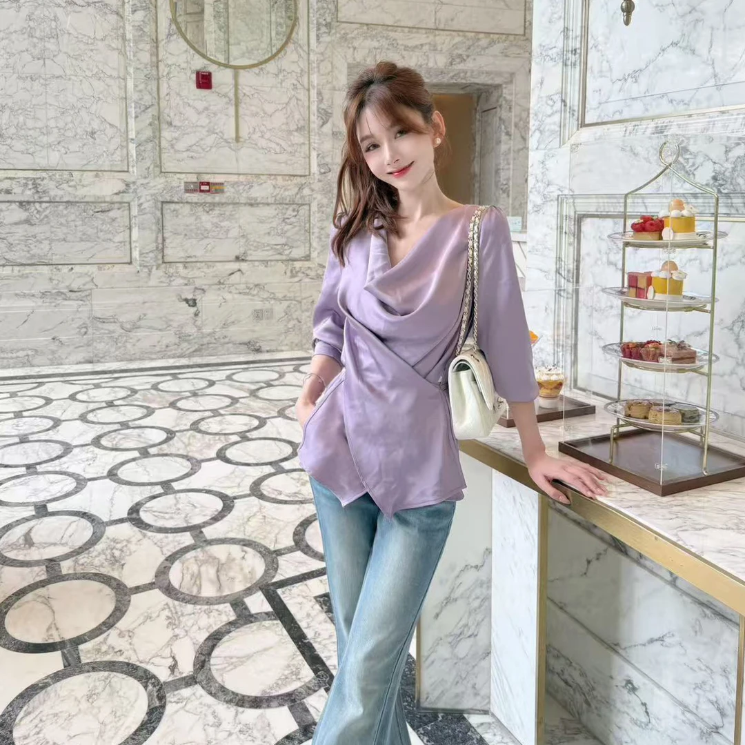 【水波鸢尾】荡领长袖设计感系带收腰高级感chic别致上衣