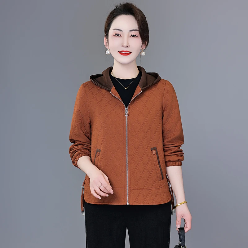 恩狐妈妈春装外套中年女士连帽休闲长袖上衣春秋洋气休闲开衫外套