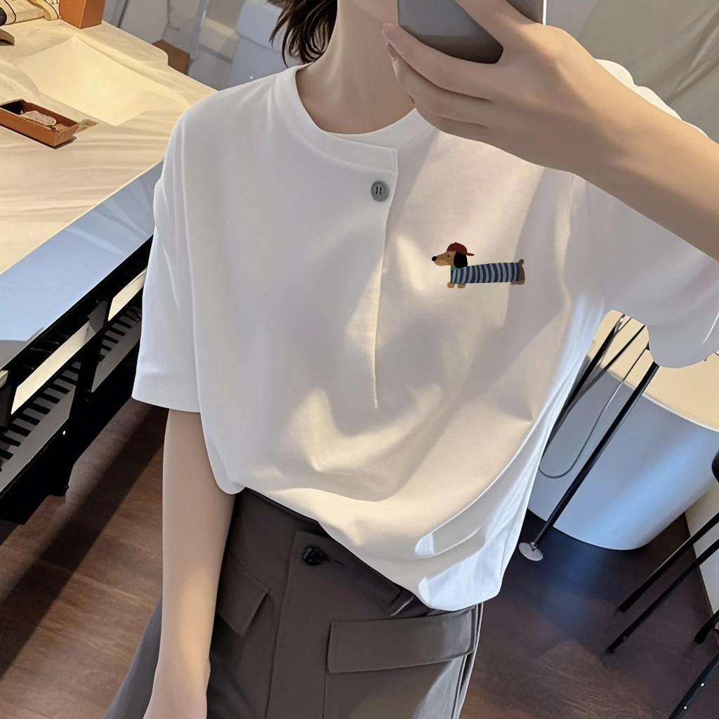 正肩短袖T恤女2025春季新款时尚一粒扣白色宽松内搭极简风圆领潮