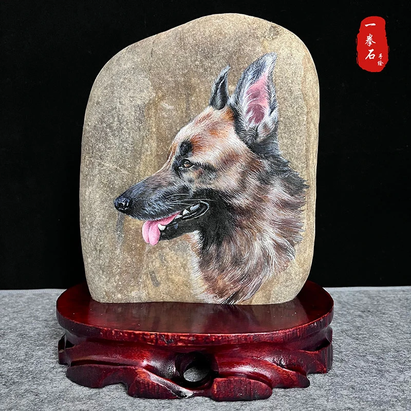纯手绘石头画【犬影石趣】装饰摆件防水不掉色