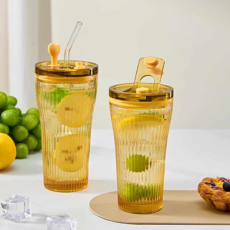 高硼硅玻璃杯组合装竖纹款双饮杯带吸管杯子网红创意喝水杯冰杯
