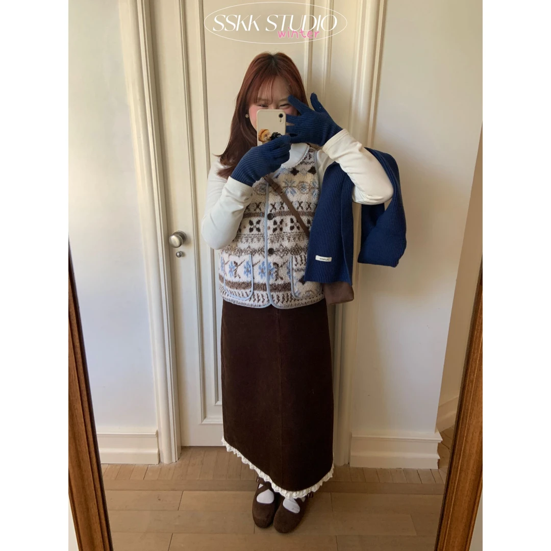 KMZY/KMZY山_山【南城旧事】微胖韩系美拉德灯芯绒蕾丝花边半身裙女